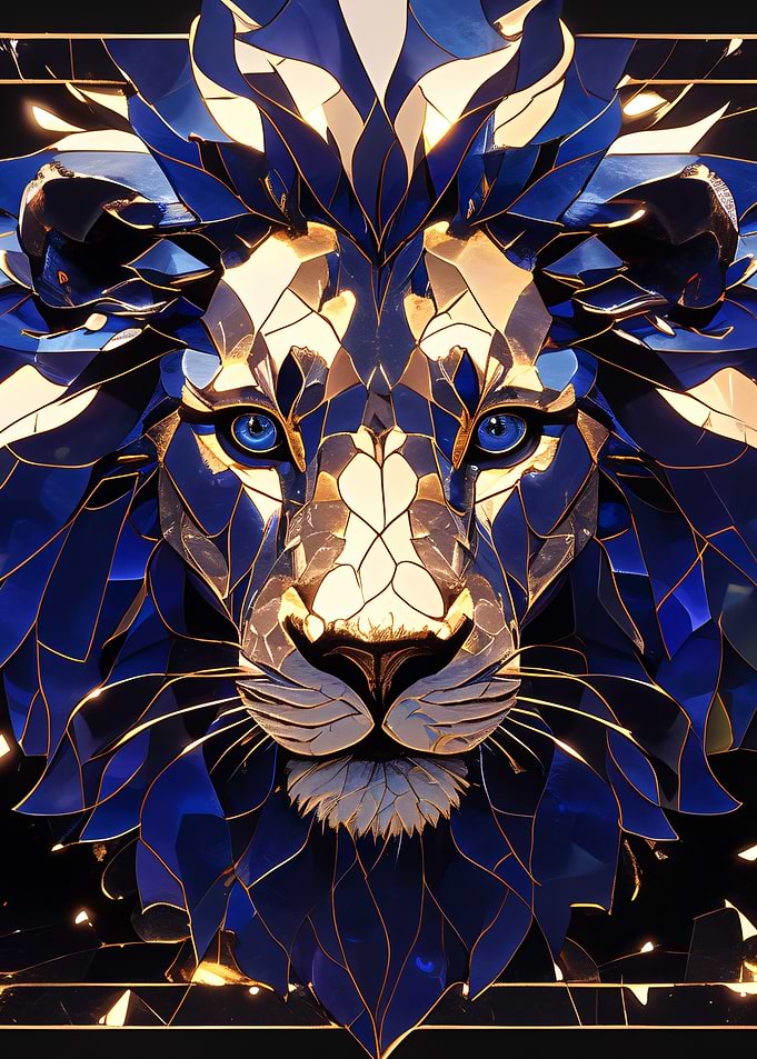 Abstract Lion Portrait in Blue and Gold