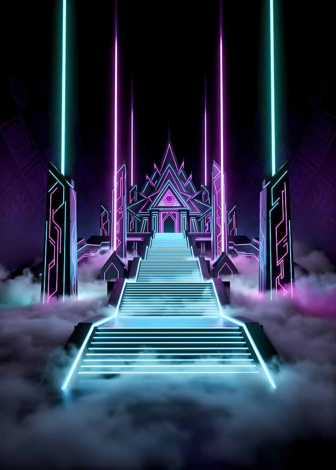 Neon Cyberpunk Temple Above the Clouds