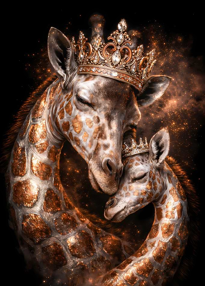 Giraffe Animal Motherhood - Royal Rose Gold & Silver Luxury Wall Art
