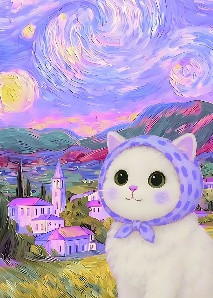 Cute Cat in Scarf with Vintage Landscape
