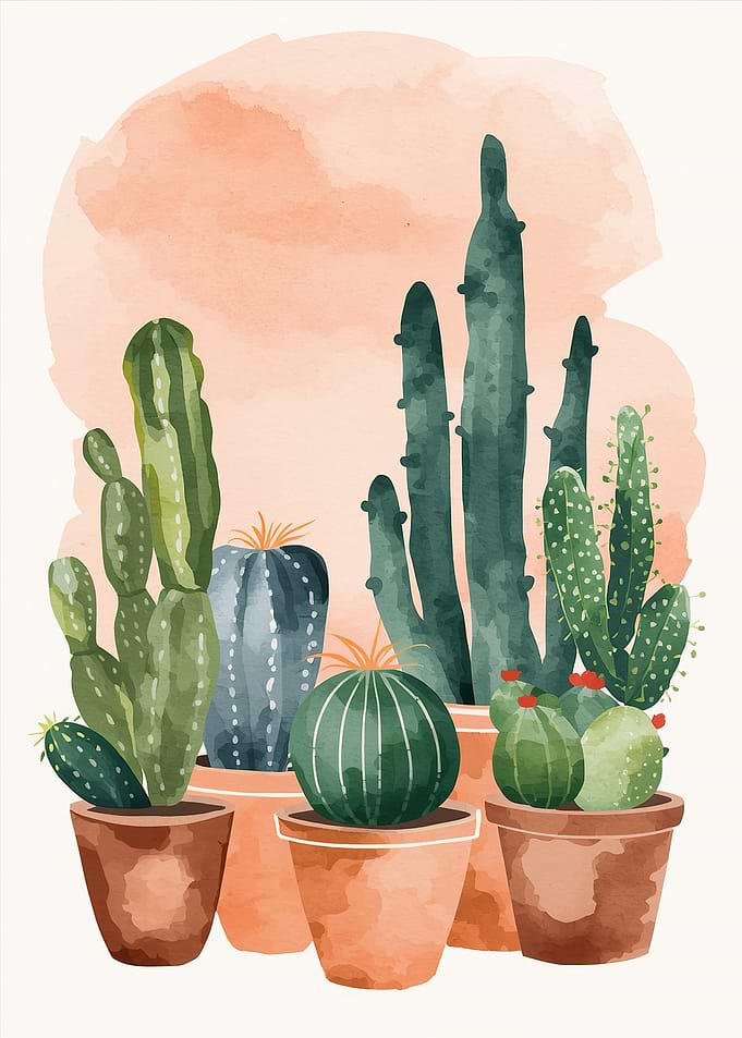 Watercolor Cactus Plants in Pots