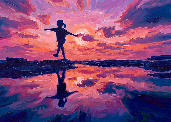 Girl Silhouette Sunset Reflection Painting