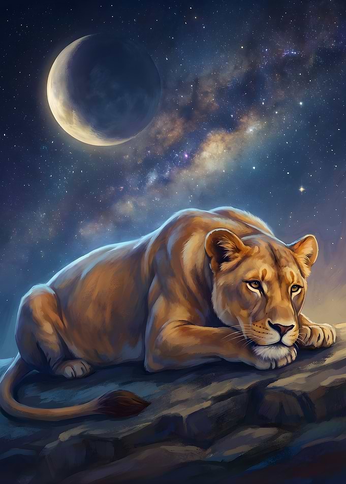 Resting Lioness Under the Moonlit Sky
