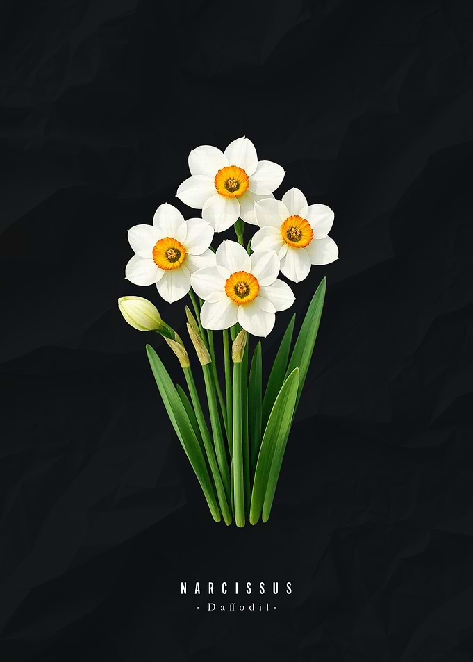 Narcissus Daffodil Floral Art on Black