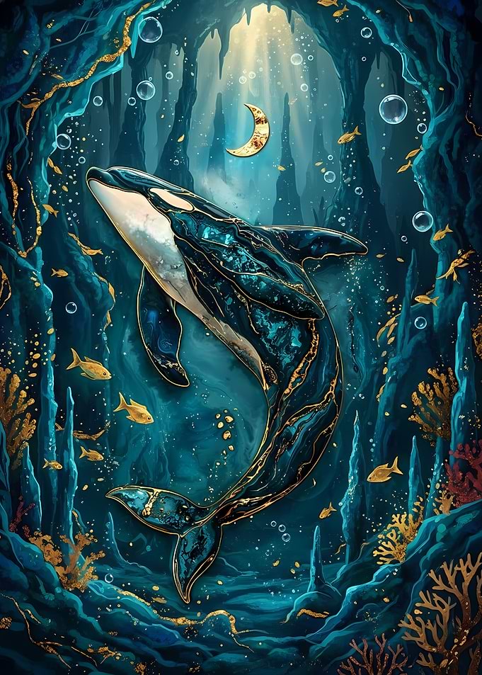 Underwater Orca with Golden Accents