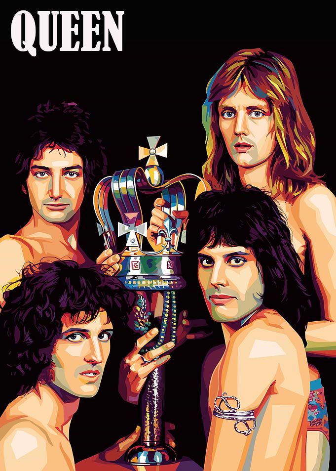 Queen band members holding a crown