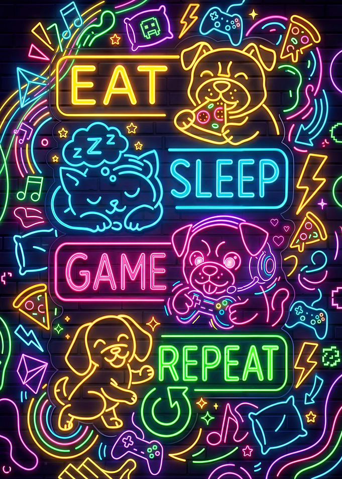 Eat Sleep Game Repeat Neon Cats and Dogs Gaming