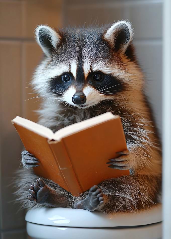 Raccoon Reading a Book on Toilet
