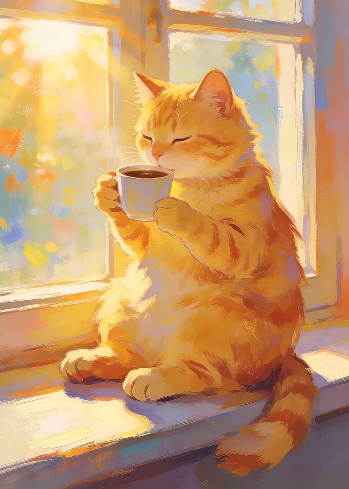 Cat enjoying coffee by the window