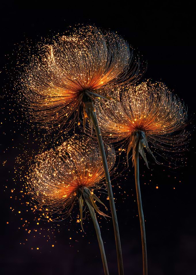 Glowing Dandelion Seeds on Black Background