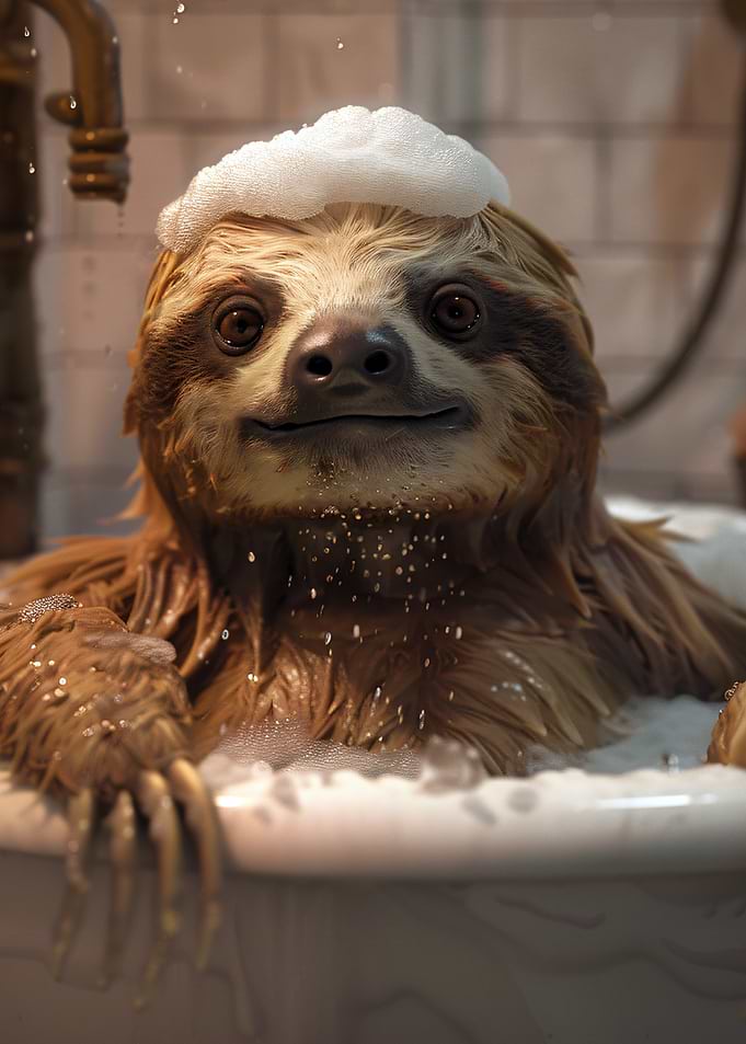 Sloth in Bathtub with Bubbles