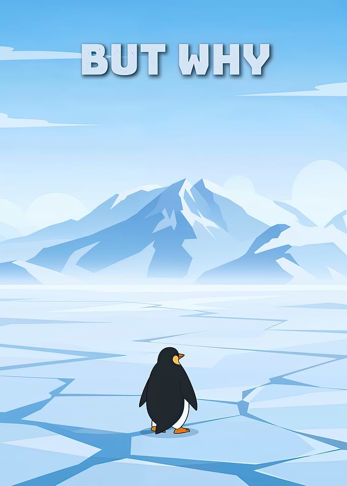 But Why Penguin facing Mountains