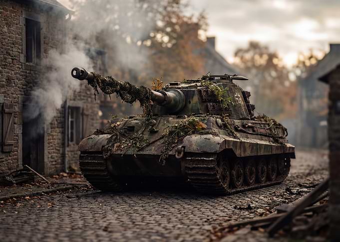 Camouflaged Tank in War-Torn Village