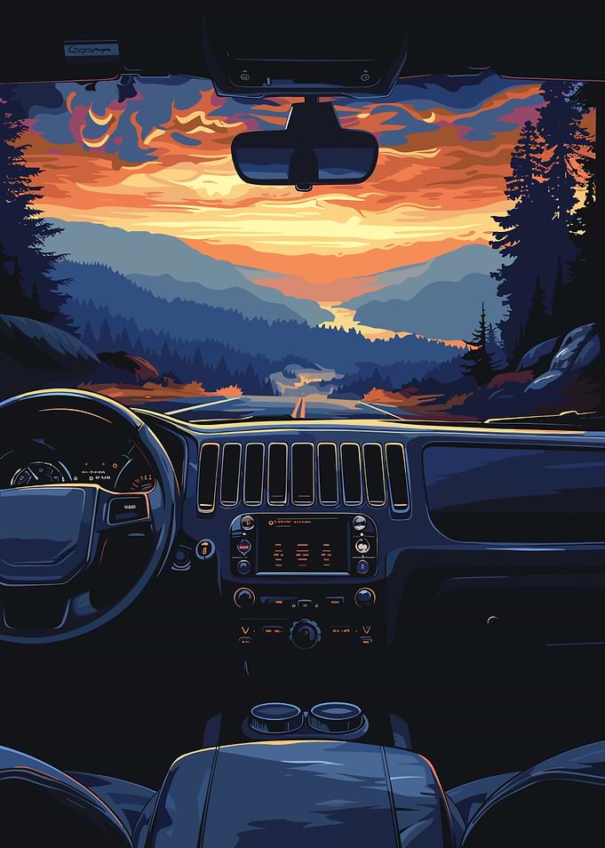Car Interior View of Mountain Road
