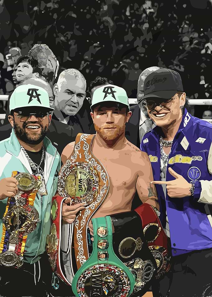 Canelo Alvarez with friends and belts