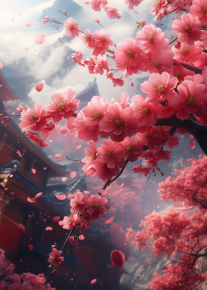 Cherry Blossoms and Temple
