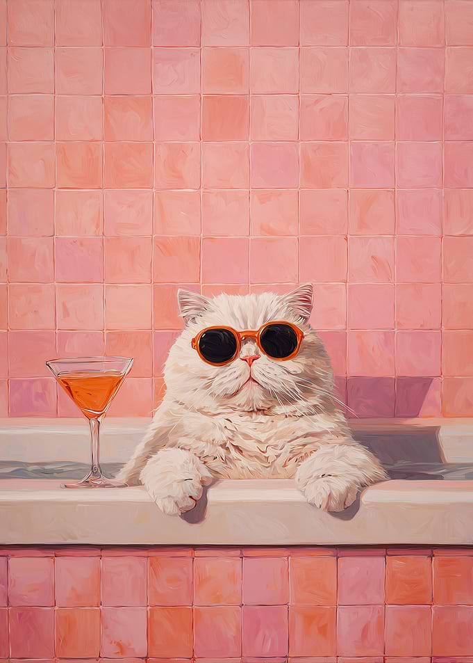 Cool Cat in Bathtub with Cocktail