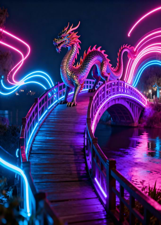 Neon Dragon on Bridge at Night
