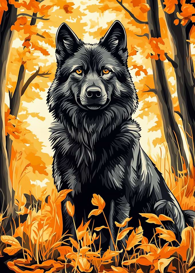 Black Wolf in Autumn Forest