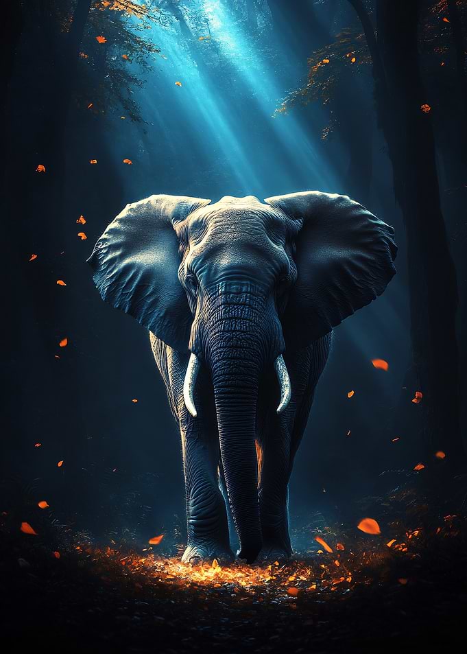 Elephant in Forest with Light Rays