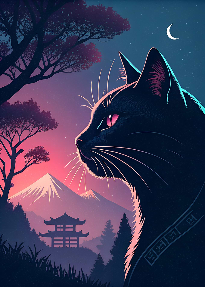 Black Cat Silhouette with Japanese Landscape