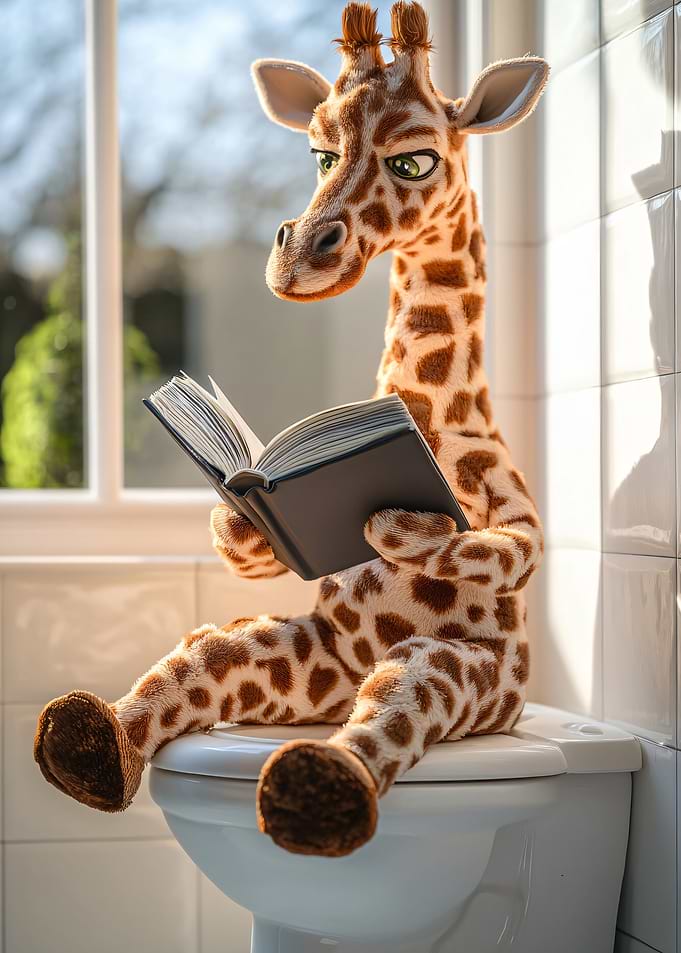 Giraffe reading on the toilet