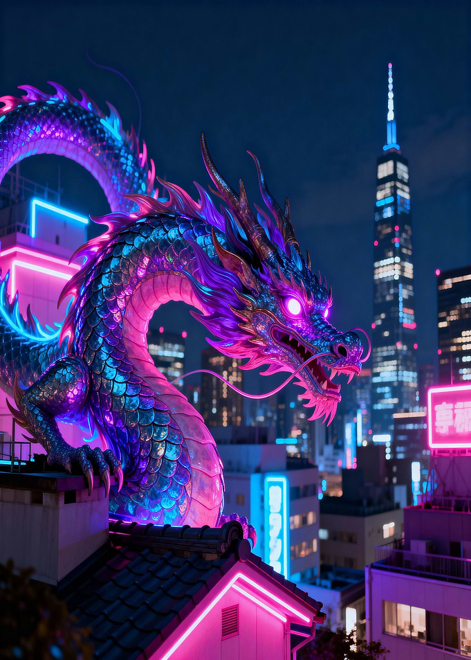 Cyberpunk Dragon in Neon Cityscape