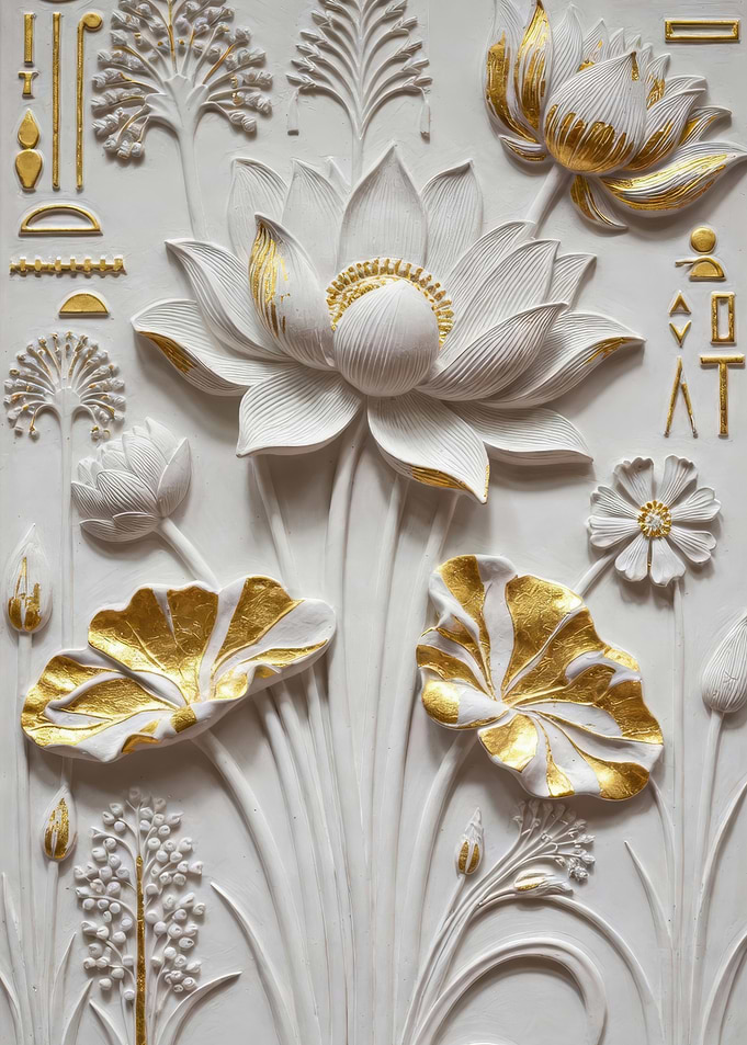 White and Gold Egyptian Floral Relief