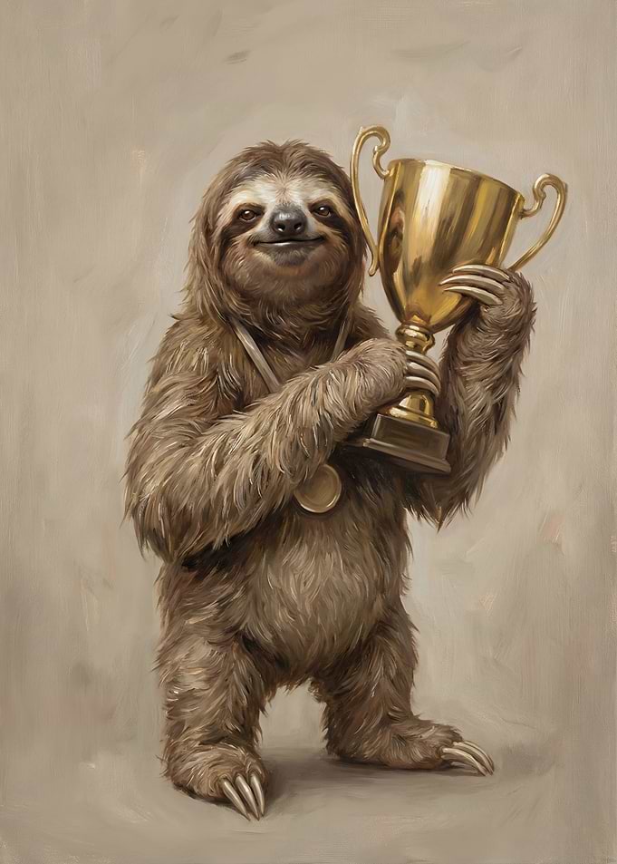 Victorious Sloth with Golden Trophy