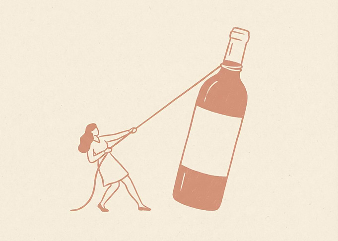 Woman Pulling Oversized Wine Bottle