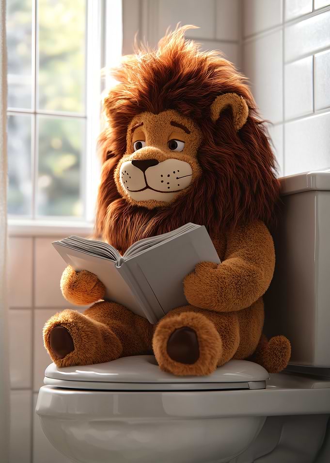 Lion Plush Reading on Toilet