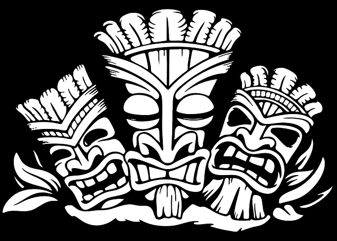 Three White Tiki Masks on Black