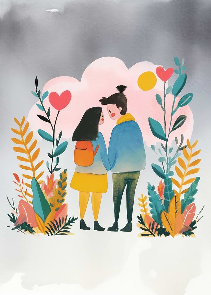 Couple in Love, Floral Background