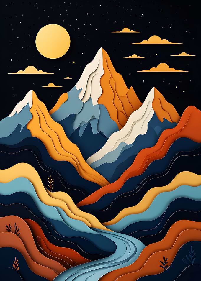 Abstract Mountain Landscape with Moon