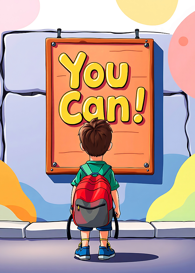 Boy Looking at 'You Can!' Sign