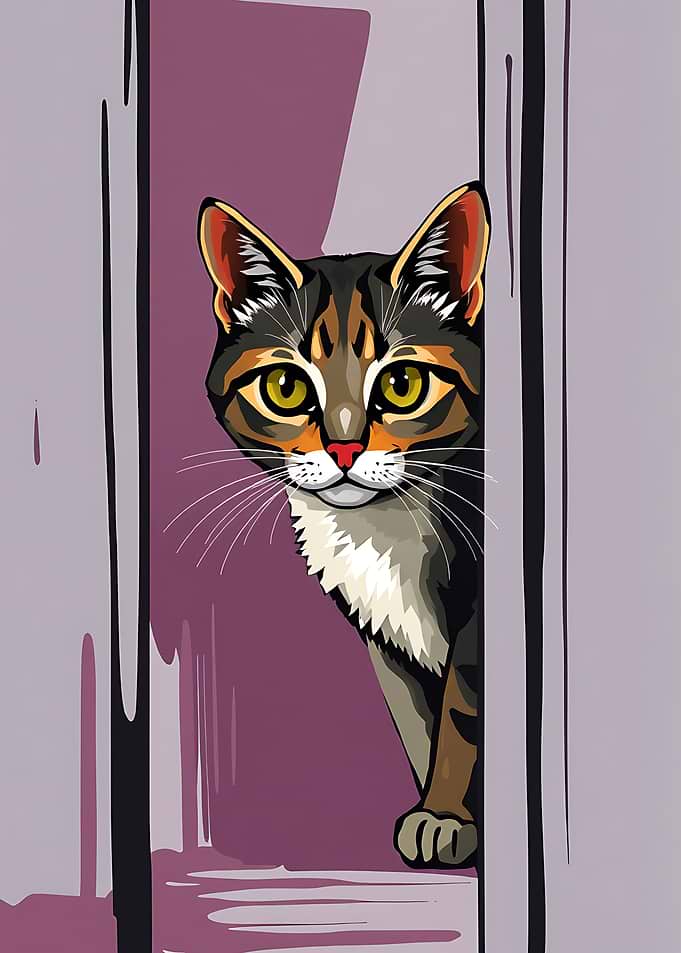 Cat Peeking Through Doorway Illustration
