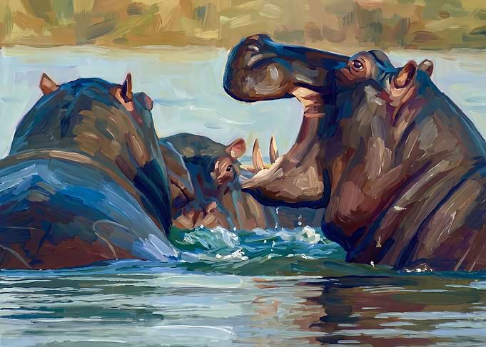 Hippos in Water Painting