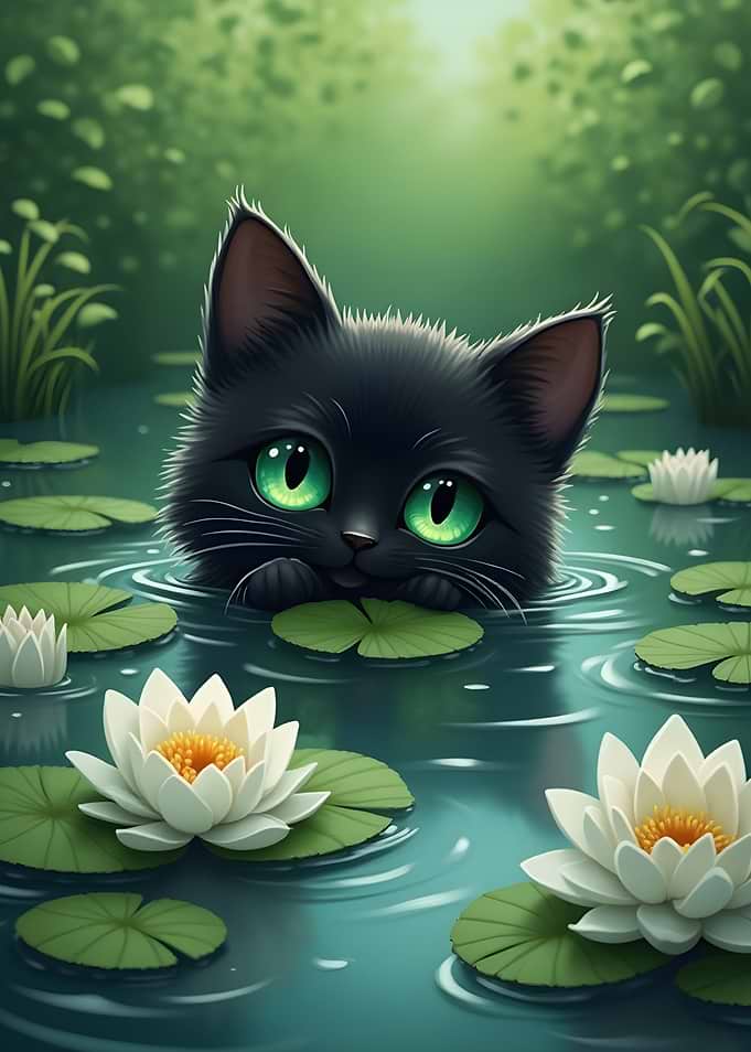 Black cat in a lily pond
