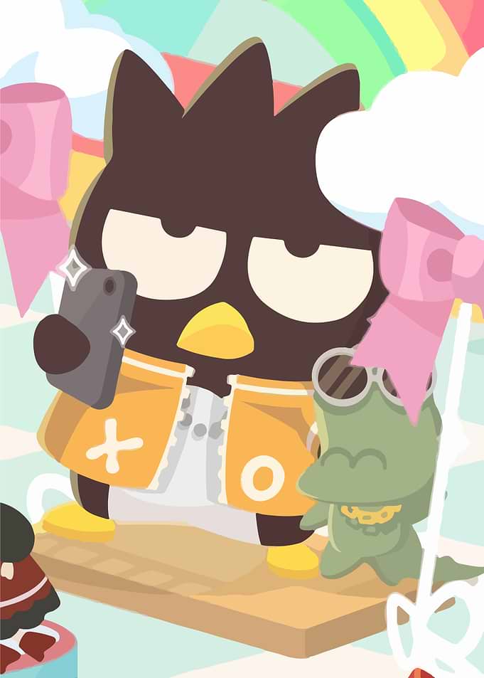Badtz-Maru taking a selfie with crocodile