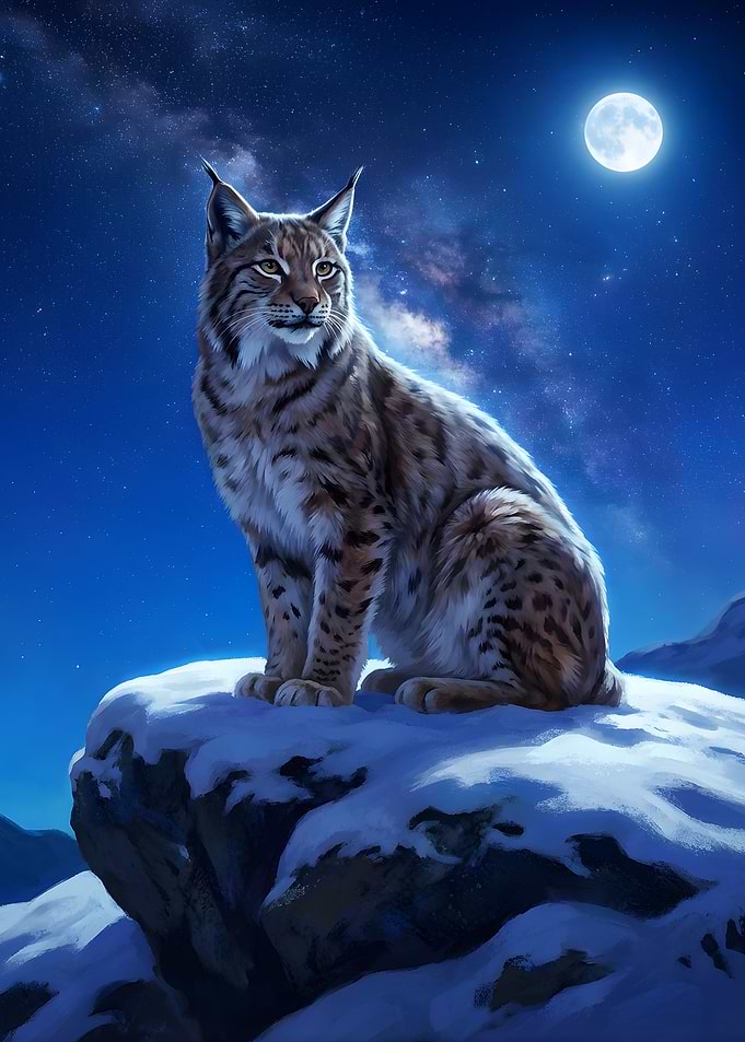 Lynx on Snowy Rock at Night