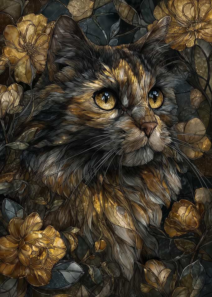 Stained Glass Calico Cat Among Flowers