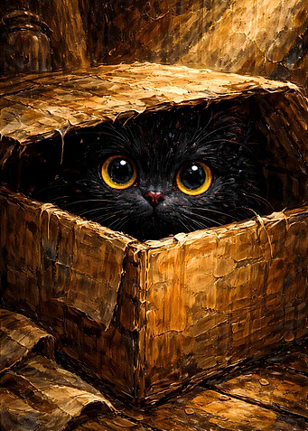 Cute Black Cat Peeking from Cardboard Box - Black Cat Impasto Oil Painting Wall Art