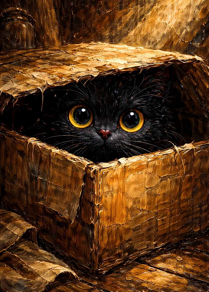 Cute Black Cat Peeking from Cardboard Box - Black Cat Impasto Oil Painting Wall Art