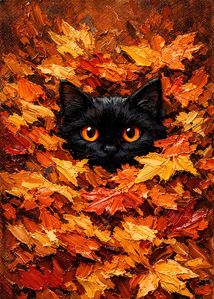 Cute Black Cat Peeking from Autumn Leaves - Black Cat Impasto Oil Painting Wall Art