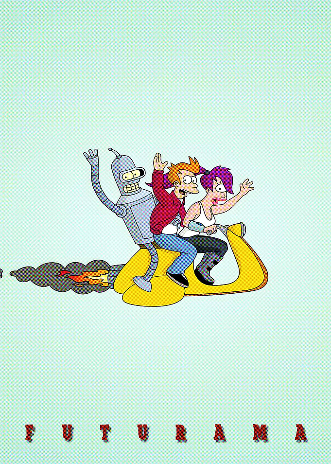 Futurama characters on a yellow vehicle