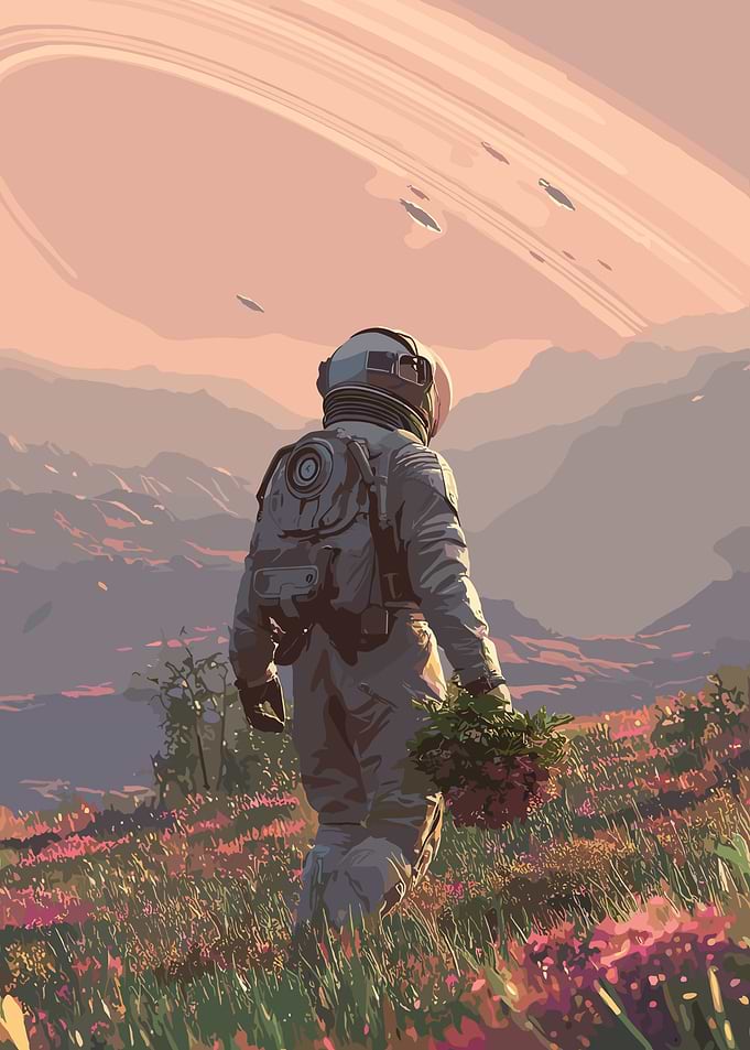 Astronaut in a Floral Alien Landscape