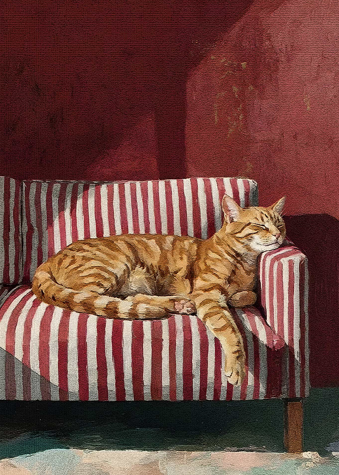 Sleeping Cat on Striped Couch