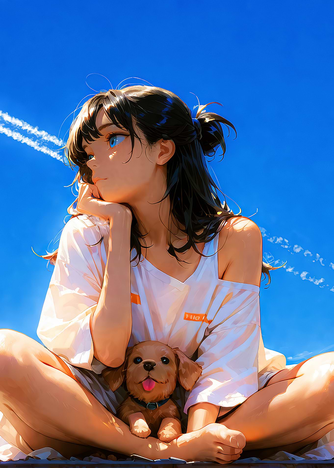 Anime Girl with Puppy under Blue Sky