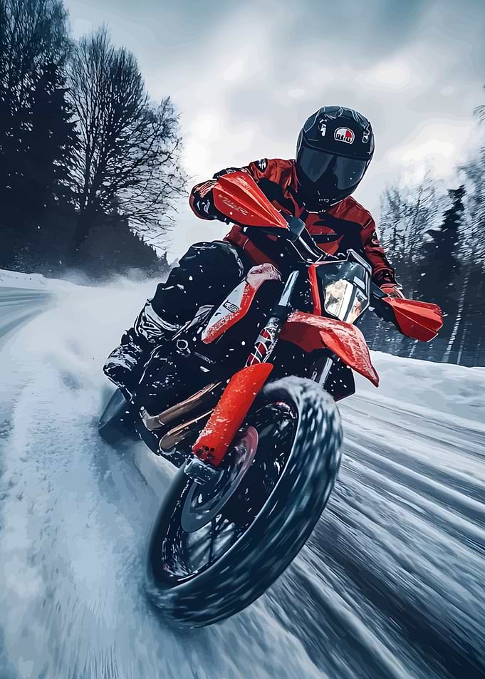 Motorcycle riding in winter landscape