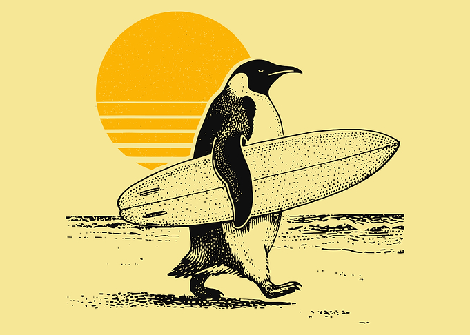 Surfing Penguin Poster, Vintage Beach Animal Art, Cute Penguin Surf Wall Print